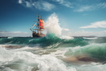 Obraz premium Vibrant Sailing Ship on the sea with big waves of colorful vibrant chromatic, representing an artistic concept with a splash of colors. Ai generated