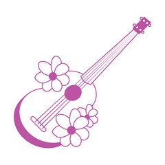 
vector simple flat illustration sticker with ukulele guitar surrounded by flowers, Hawaiian sticker in pink color