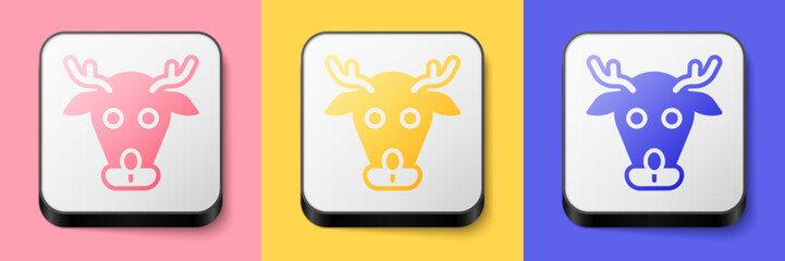 Isometric Reindeer icon isolated on pink, yellow and blue background. Merry Christmas and Happy New Year. Square button. Vector