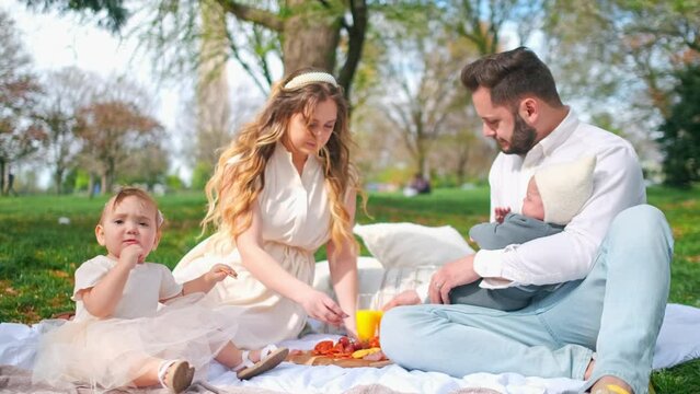 A married couple with 2 kids having a picnic at Cherry Blossom Park in Washington DC drinking orange juice and snacking on a charcuterie board
