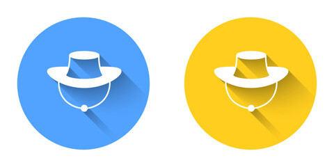 White Fisherman hat icon isolated with long shadow background. Circle button. Vector