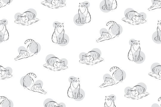 Illustration of cat with circle on pattern background.