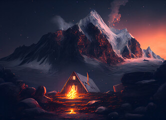 A Warm Campfire Light Illuminating the Night, The Fire is Nestled in the Heart of the Enigmatic Mountain Wilderness Showing Nature Ice and Snow Environment Landscape