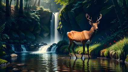 Illustration of deer in nature. Forest, lake, sky.