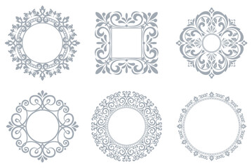 Set of decorative frames Elegant vector element for design in Eastern style, place for text. Floral gray and white borders. Lace illustration for invitations and greeting cards