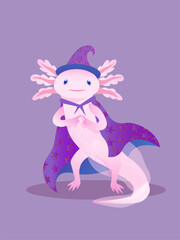 Vector cute color illustration of a magical animal axolotl wearing a wizard's hat and robe, a shy cute pink amphibian alien, a character for kids