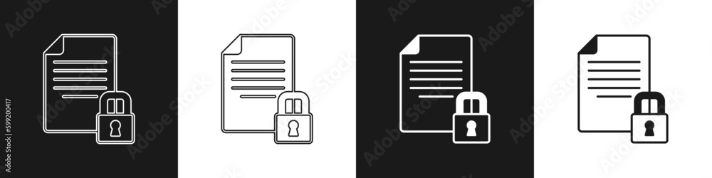 Aufkleber set document and lock icon isolated on black and white background. file format and padlock. security