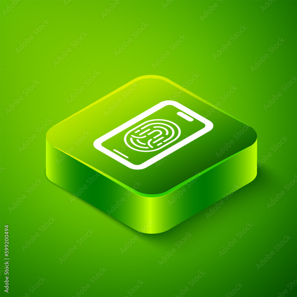 Poster isometric smartphone with fingerprint scanner icon isolated on green background. concept of security