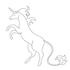 vector illustration of a unicorn on its hind legs with a long horn and a long tail with a tassel, black and white lin magical mythical horse 