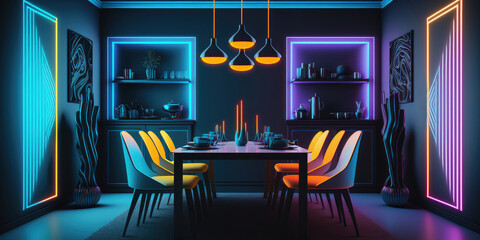 Modern 80s retro neon futuristic interior of dining room with table and chairs. Colorful neon design trend. Generative AI image.