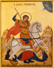NAPLES, ITALY - APRIL 22, 2023: The icon of St. George from the chruch Chiesa dei Santi Pietro e Paolo dei Greci by M. R. Mannetta.