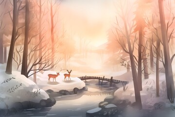 A medium shot of a clearing in a snowy forest, with a small stream and a bridge. AI-Generated image