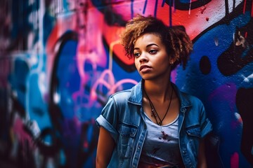 Naklejka premium A mixed media portrait of a woman wearing a graphic t - shirt and ripped jeans in a street art style with bold lines and vibrant colors AI-Generated iamge