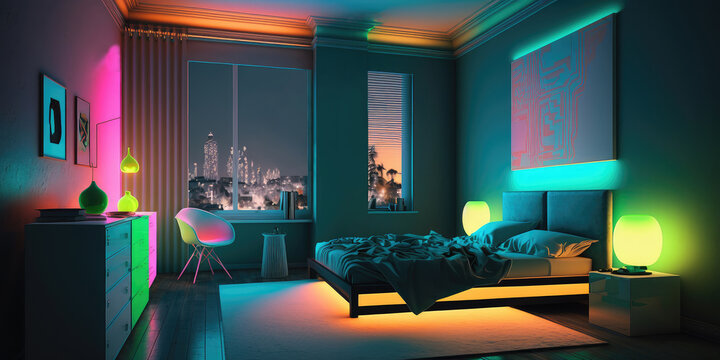 Modern Bedroom Interior With Neon Lights In The Night. Luxurious Stylish Apartment Interior. Futuristic Home Concept With Neon Light Colours. Generated AI Image.