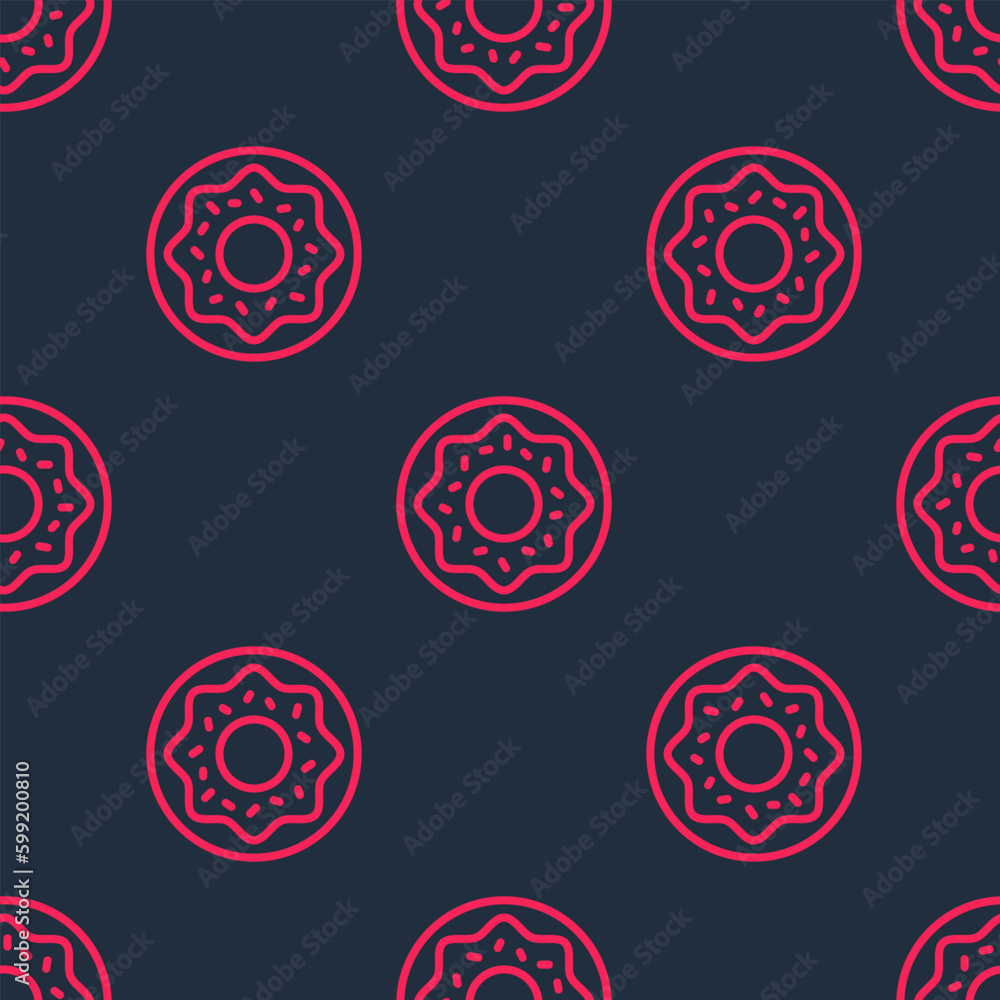Poster red line donut with sweet glaze icon isolated seamless pattern on black background. vector