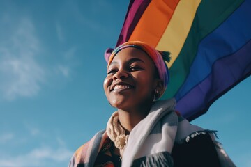 Black queer person holding rainbow flag LGBT pride or gay pride. Lesbian, gay, bisexual, and transgender (LGBT) people proud of their sexual orientation and gender identity. Created with generative AI
