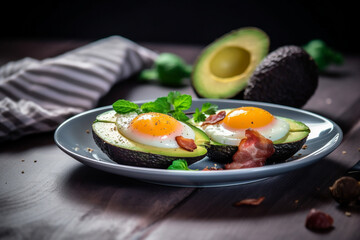 Keto Breakfast. Delicious and healthy keto breakfast with eggs, bacon, avocado, and forest berries. Ai generated