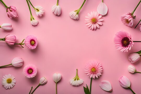 Top view image of flowers, fruits, and vegetables composition over pastel background Generative Ai