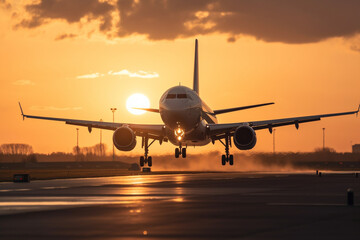 Fototapeta na wymiar Commercial Plane Takeoff at Sunset. Airplane taking off from an airport during a beautiful sunset, symbolizing travel and adventure. Ai generated