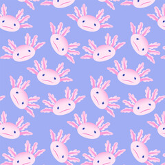 vector bright background for wrapping paper with pattern of cute faces of an axolotl, pink smiling cartoon animal heads amphibian alien for kids