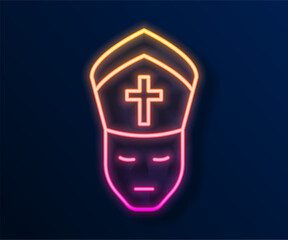 Obraz premium Glowing neon line Pope icon isolated on black background. Pope hat. Holy father. Vector