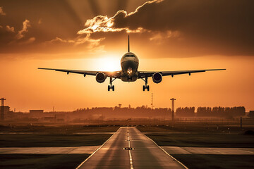 Naklejka premium Commercial Plane Takeoff at Sunset. Airplane taking off from an airport during a beautiful sunset, symbolizing travel and adventure. Ai generated