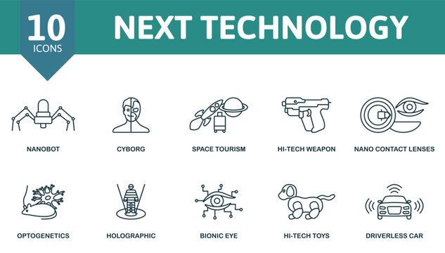 Next technology outline set. Creative icons: nanobot, cyborg, space tourism, hi-tech weapon, nano contact lenses, optogenetics, holographic, bionic eye, hi-tech toys, driverless car.