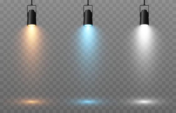 Vector set of light source. Light from a spotlight png. Studio, studio lighting png. Spotlight png. Yellow, golden, blue, white light. Light effect.
