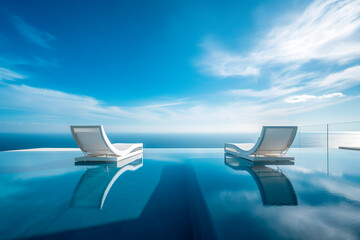 Fototapeta premium Infinity pool with chairs With a view of the sea blue clear sunny sky. Generative ai edited