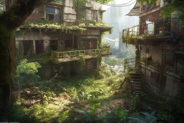 Fototapeta na wymiar Concept art illustration of abandoned postapocalyptic city overgrown with lush vegetation, an abandoned city overgrown with greenery, created by a neural network, Generative AI 
