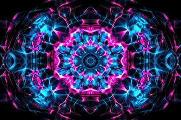 Glitch art. Digital kaleidoscope. Futuristic ornament. Fluorescent blue pink color glow pixel sphere texture symmetrical design abstract illustration background