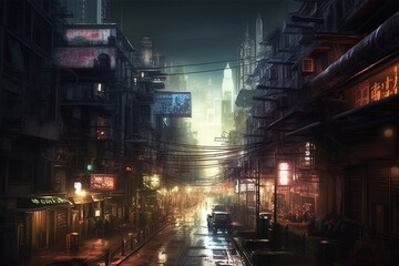 Concept art illustration of Gotham city at night, dystopian gotham city, hyperrealistic, cinematic lighting, Generative AI