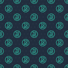 Green line Coffee cup to go icon isolated seamless pattern on blue background. Vector