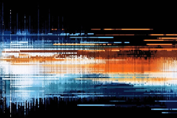 Glitch texture. Distortion background. Frequency noise. Blue orange white black color fuzzy wave artifacts abstract illustration banner