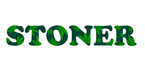 vector decorative green lettering stoner with cannabis leaves pattern, marijuana, logo for weed lovers