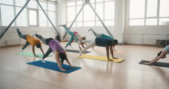 Group of friends does yoga class with professional coach