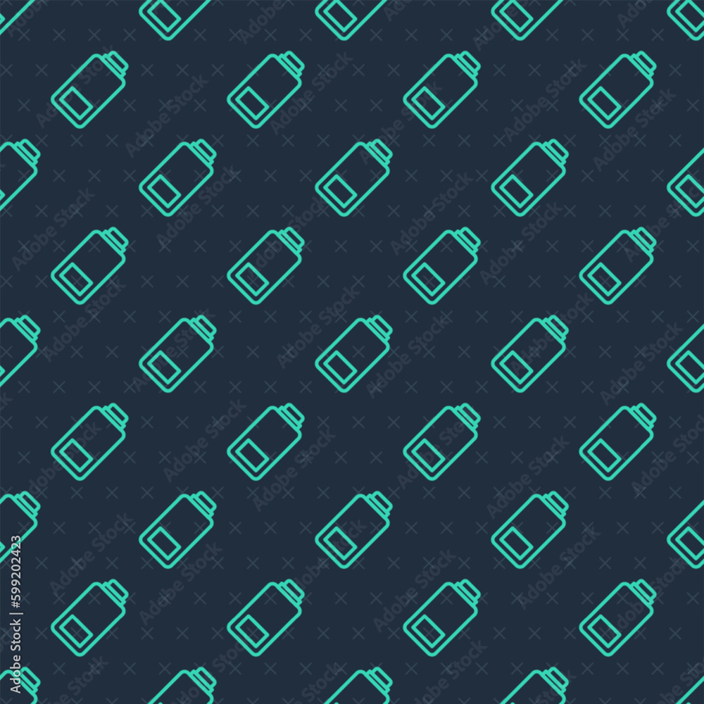 Poster green line battery charge level indicator icon isolated seamless pattern on blue background. vector