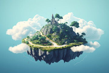 fantasy landscape with floating island in the sky, fantasy floating island,  flying island in the clouds,  dreamy imaginary awe and wonder. Generative Ai