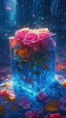 Beautiful flowers in ice cubes,created with Generative AI tecnology.