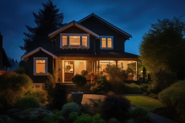 Naklejka premium Luxurious real estate evening time with light from windows. Generative ai.