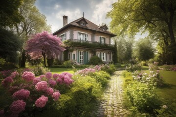 A cozy country big house with a green garden and large pink flowers. Generative ai.