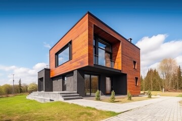 New built modern house against the blue sky. Generative ai.