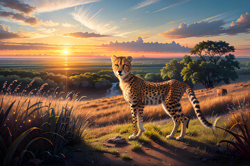 Fototapeta na wymiar Illustration of cheetah in natural environment, outdoors