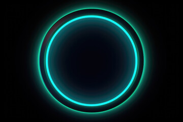 Neon frame. Blur glow. Portal hole. Defocused cyan green blue color gradient round circle with black copy space abstract illustration background