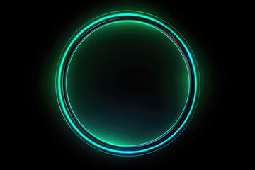 Neon frame. Blur glow. Portal hole. Defocused cyan green blue color gradient round circle with black copy space abstract illustration background