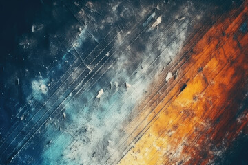 Naklejka premium Aged film texture. Dust scratches noise. Weathered foil. Orange blue white rainbow color light flare on dark crushed grunge abstract background