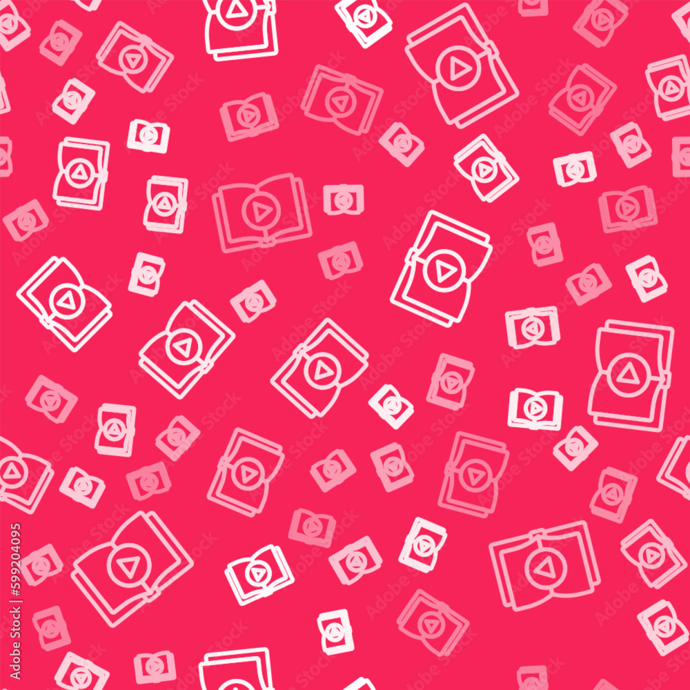 Poster white line audio book icon isolated seamless pattern on red background. play button and book. audio 
