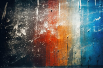 Aged film texture. Dust scratches noise. Weathered foil. Orange blue white rainbow color light flare on dark crushed grunge abstract background