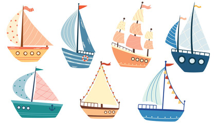 Ships and sailboats set. Isolated cartoon vintage wooden sail boat ship icon collection. Vector old nautical sailboat vessel and ocean travel concept