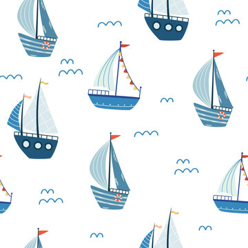 Seamless pattern with sailing boats. Cute marine pattern for fabric, children’s clothing, background, textiles, wrapping paper and other decorations. Marine background. Vector illustration